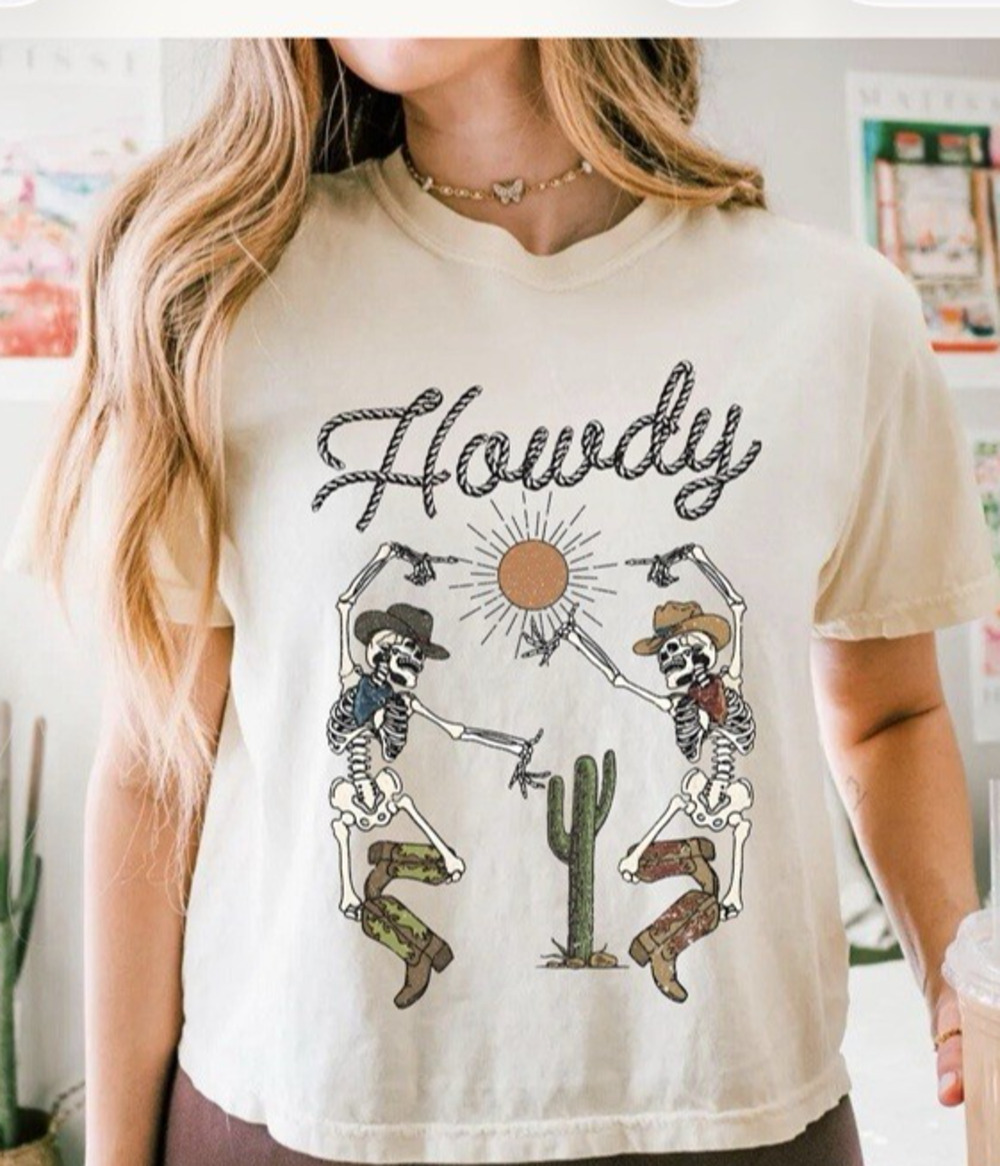 Women's Mccnchild Graphic Crop Top Howdy Dancing Skeletons Western Cowboy Size L